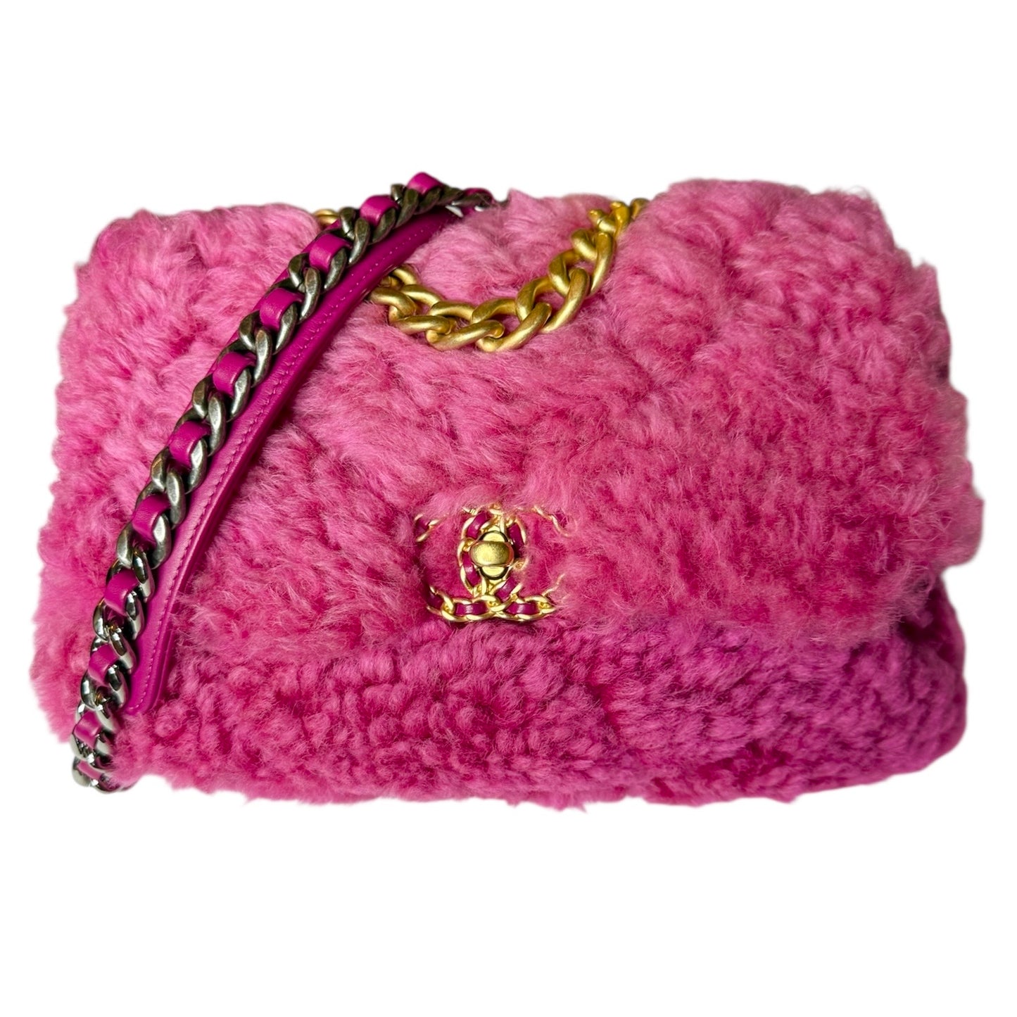 CHANEL 19 Large Pink Shearling Sheepskin Flap