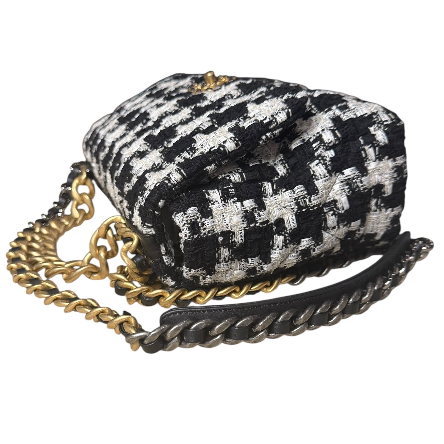 CHANEL 19 Houndstooth Ribbon Quilted Tweed Large Flap