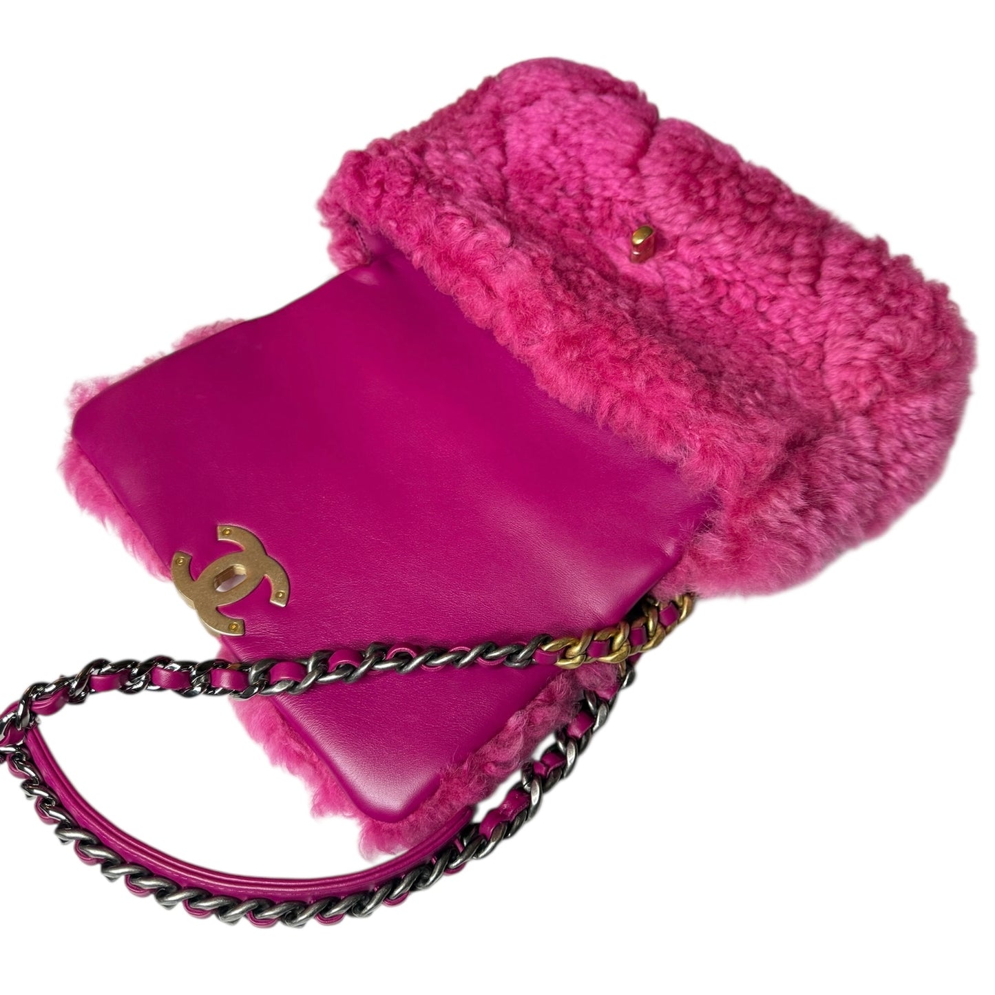 CHANEL 19 Large Pink Shearling Sheepskin Flap