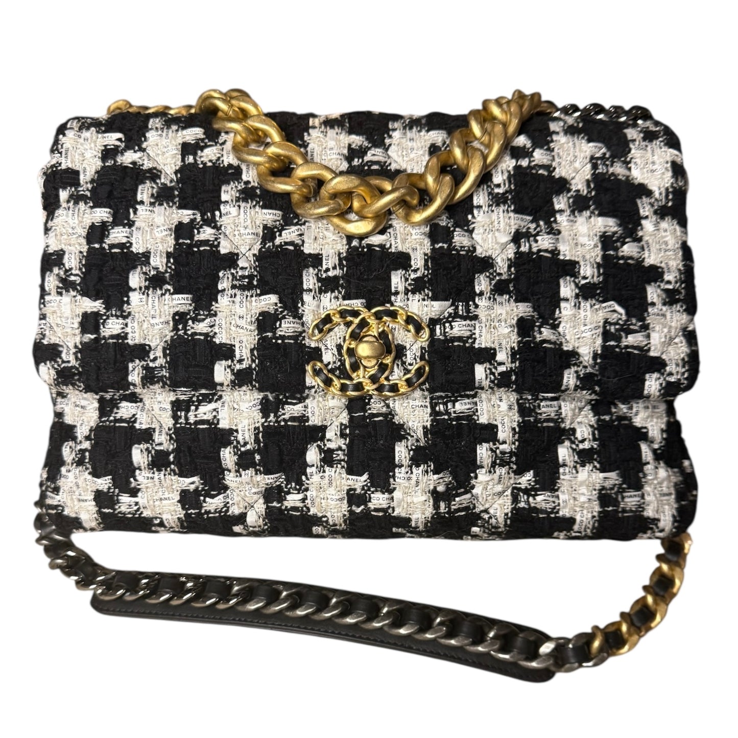 CHANEL 19 Houndstooth Ribbon Quilted Tweed Large Flap