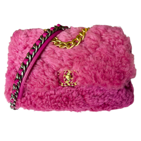 CHANEL 19 Large Pink Shearling Sheepskin Flap